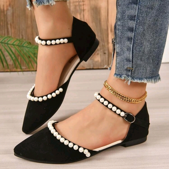 Women Faux Pearl Decor Point Toe Ankle Strap Flats, Fashion Outdoor Faux Suede F - Picture 6 of 7